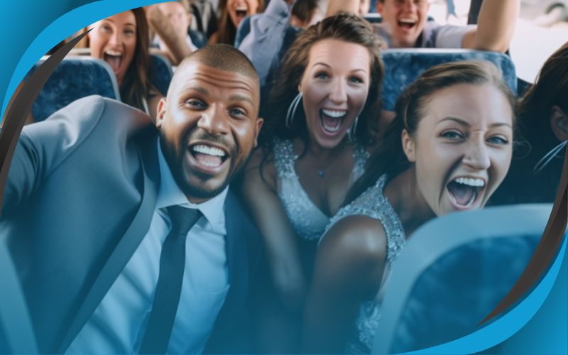 Wedding guests smiling inside the coach, budget-friendly coach hire, May 2024, Australia